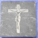Placa de Ardósia 10x10cm – Cruz com Jesus e Oração do Pai Nosso Gravadas em Duas Faces